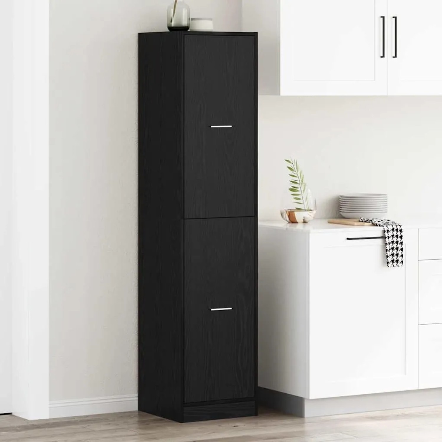 VidaXL Apothekerschrank, schwarz Eichen-Optik, hoher Wohnzimmerschrank mit zwei Türen und Griffen.
