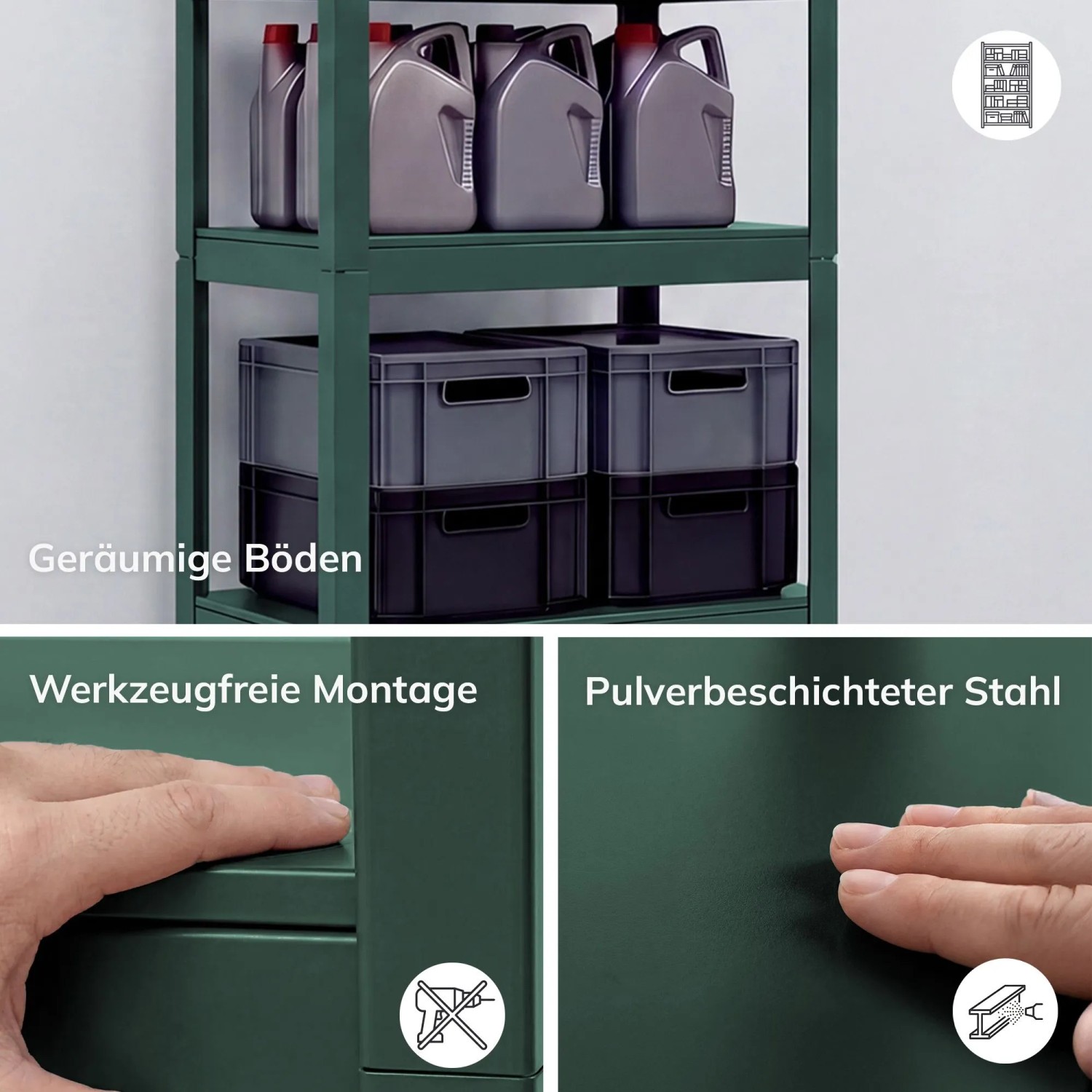Grünes Metallregal JOHNNY: geräumige Böden, werkzeuglose Montage, pulverbeschichteter Stahl. Für Werkstatt.