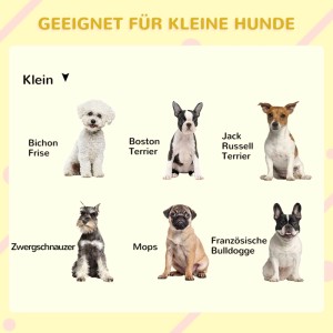 Sechs kleine Hunderassen: Mops, Terrier, Bulldogge, Zwergschnauzer, ideal für die PawHut Hundehütte.