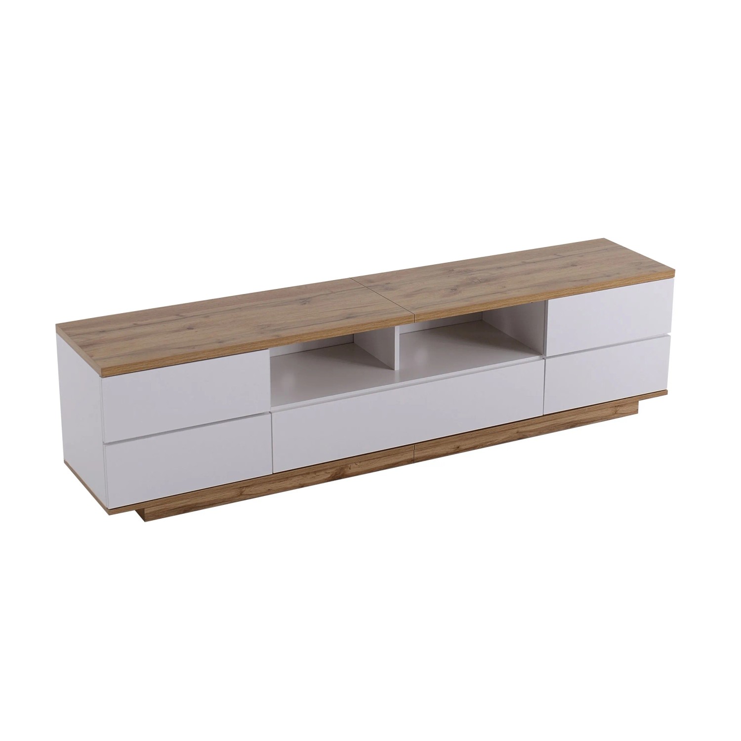 okwish TV Schrank mit Farbblock Design und Holzmaserung 180x38x46cm Weiß Natur