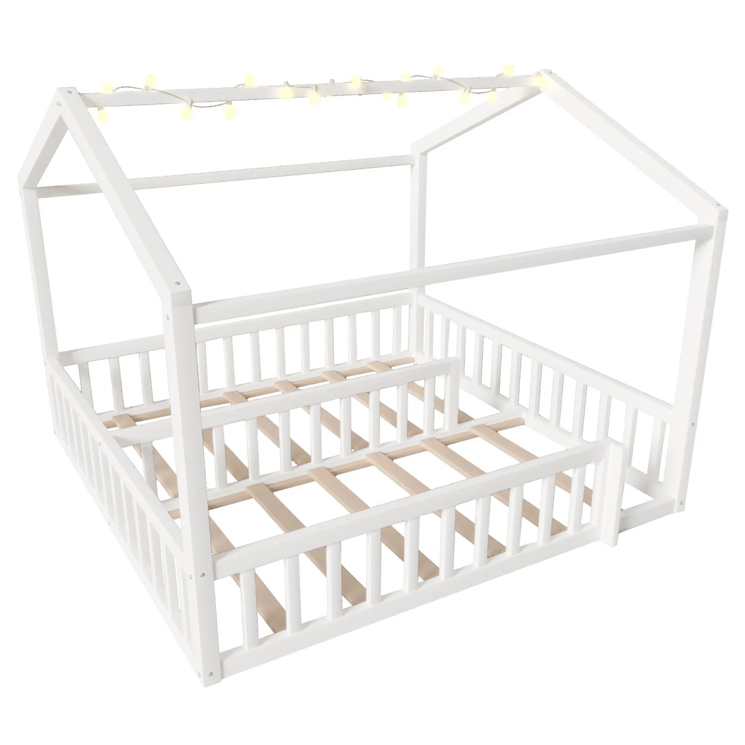 okwish Flachbett 90x190cm mit Gitter und LED Hausleiste Weiß ohne Matratze