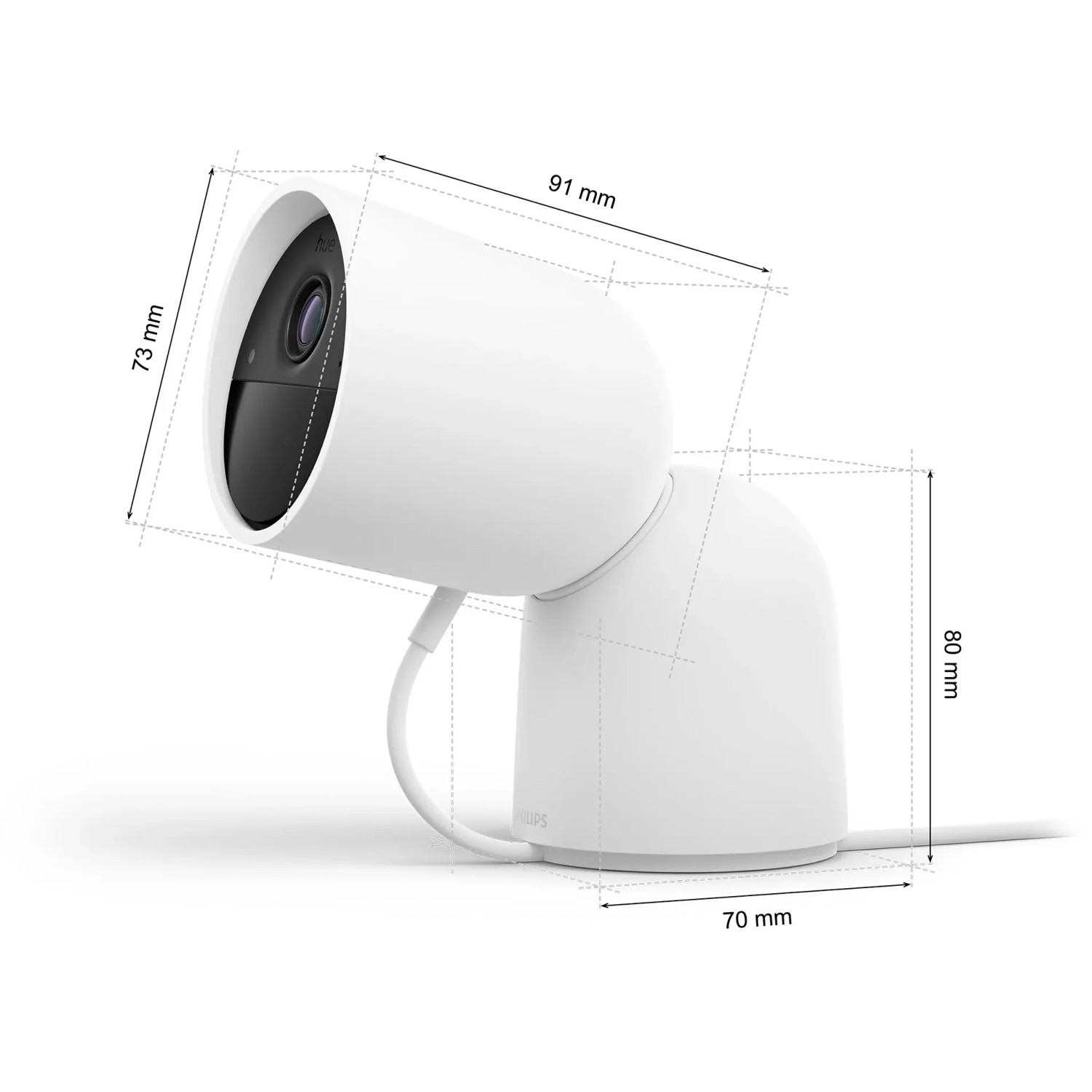 Weiße Philips Hue Secure Kamera mit Standfuß, Maße eingeblendet, für Innen & Außen.