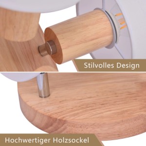 Nahaufnahme des NETTLIFE Deckenstrahlers mit Holzsockel und weißem Textilschirm. Zeigt drehbare E14 Spots.