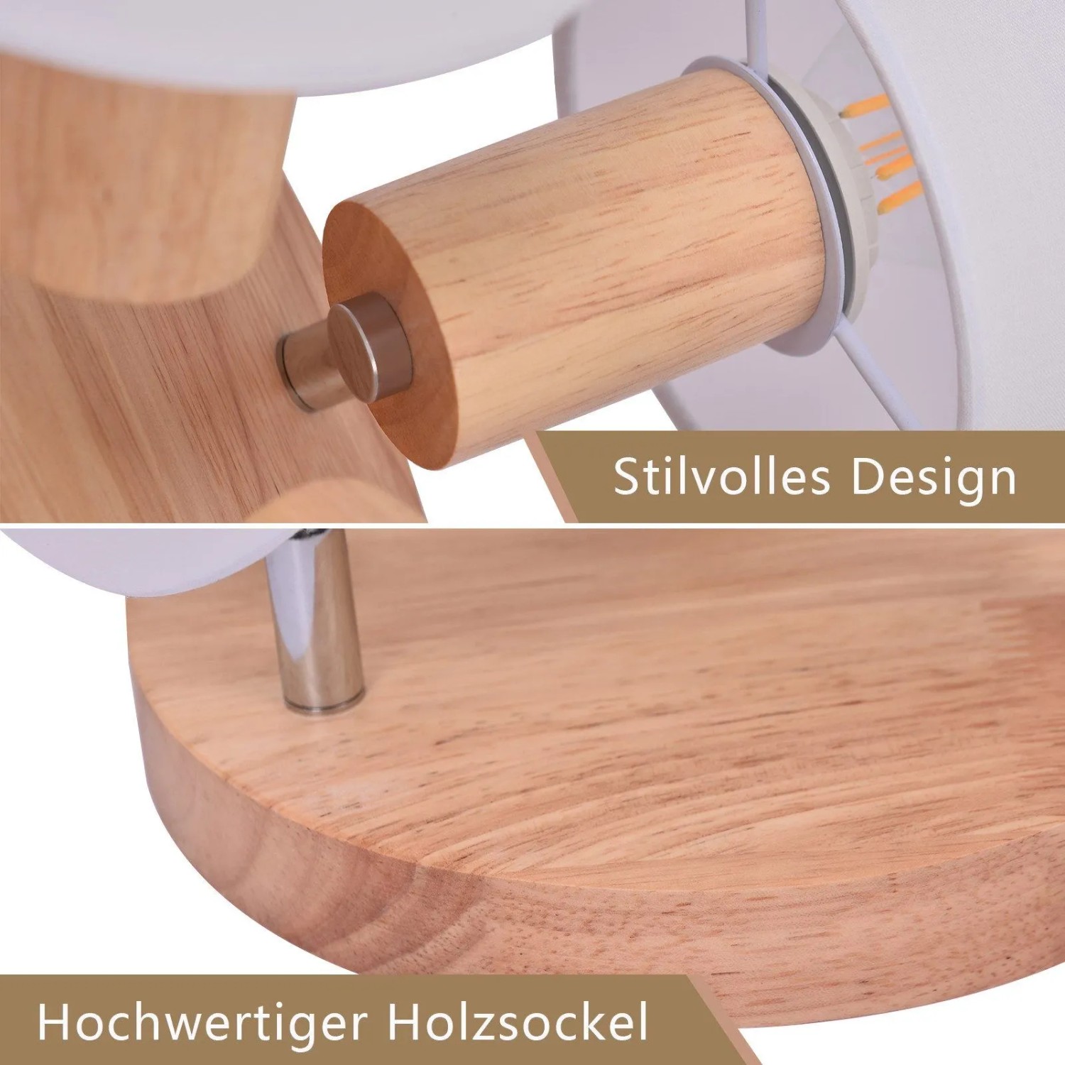 Nahaufnahme des NETTLIFE Deckenstrahlers mit Holzsockel und weißem Textilschirm. Zeigt drehbare E14 Spots.