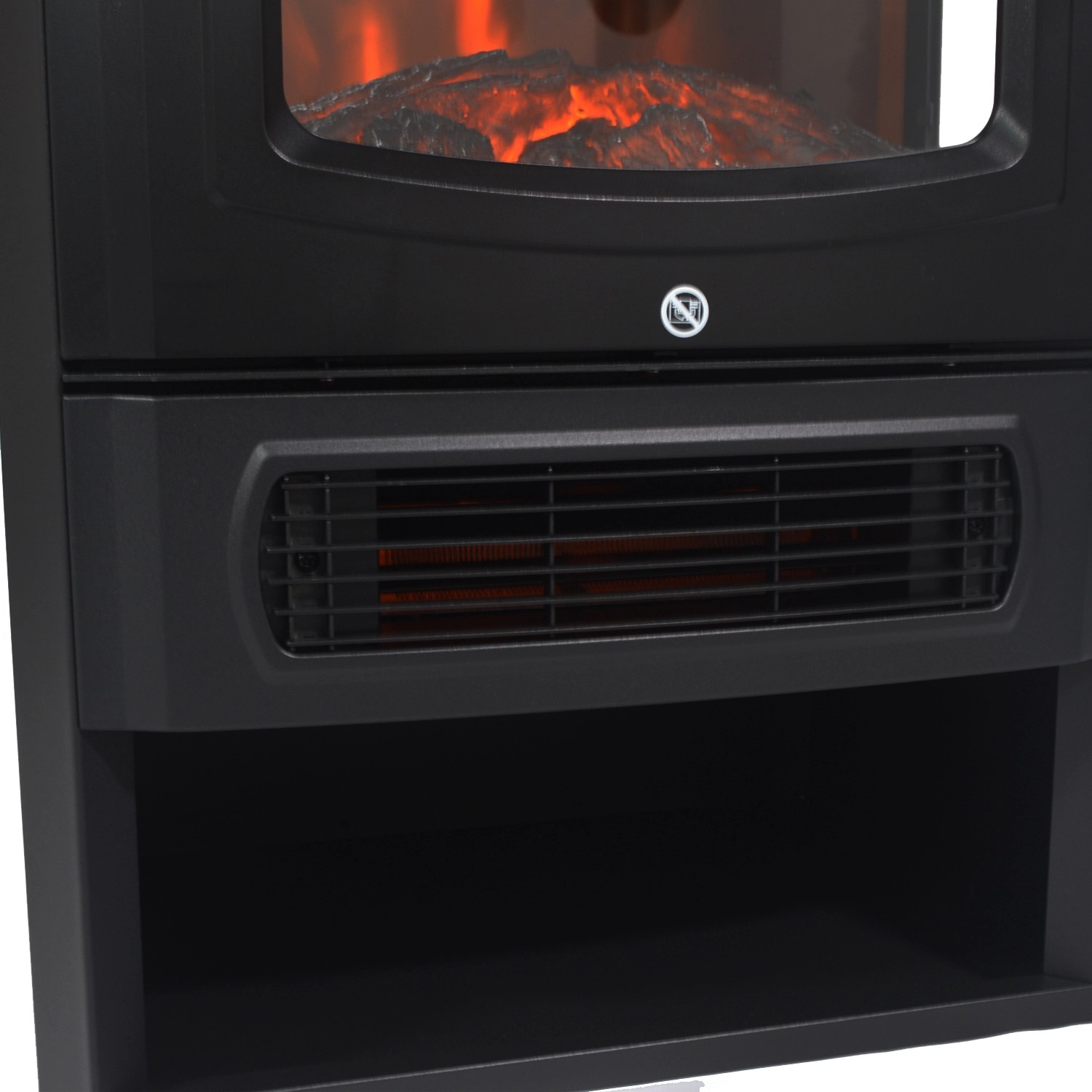 Detailansicht: Schwarzer TroniTechnik Elektrokamin mit LED-Flammeneffekt und Heizung.