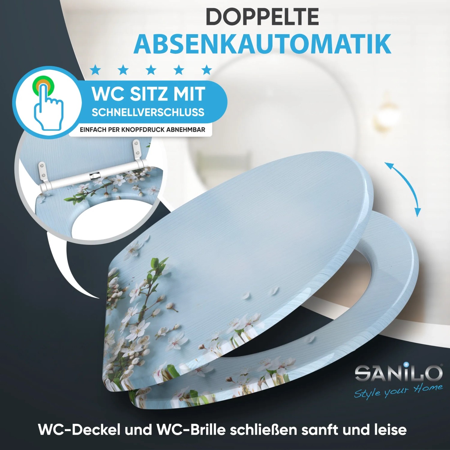 SANILO WC-Sitz Sakura mit Absenkautomatik und floralem Dekor, hellblau.