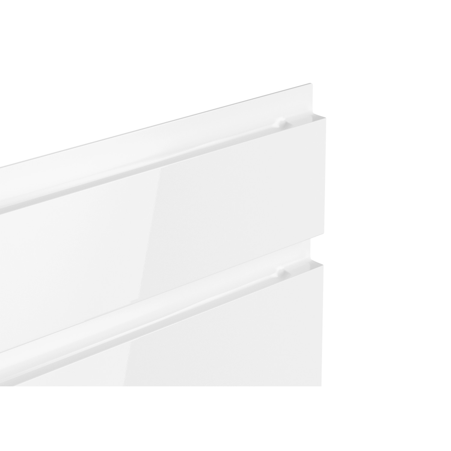 Detailaufnahme: Weiße, grifflose Küchenfronten der Küchenzeile Gera. Modernes Design.