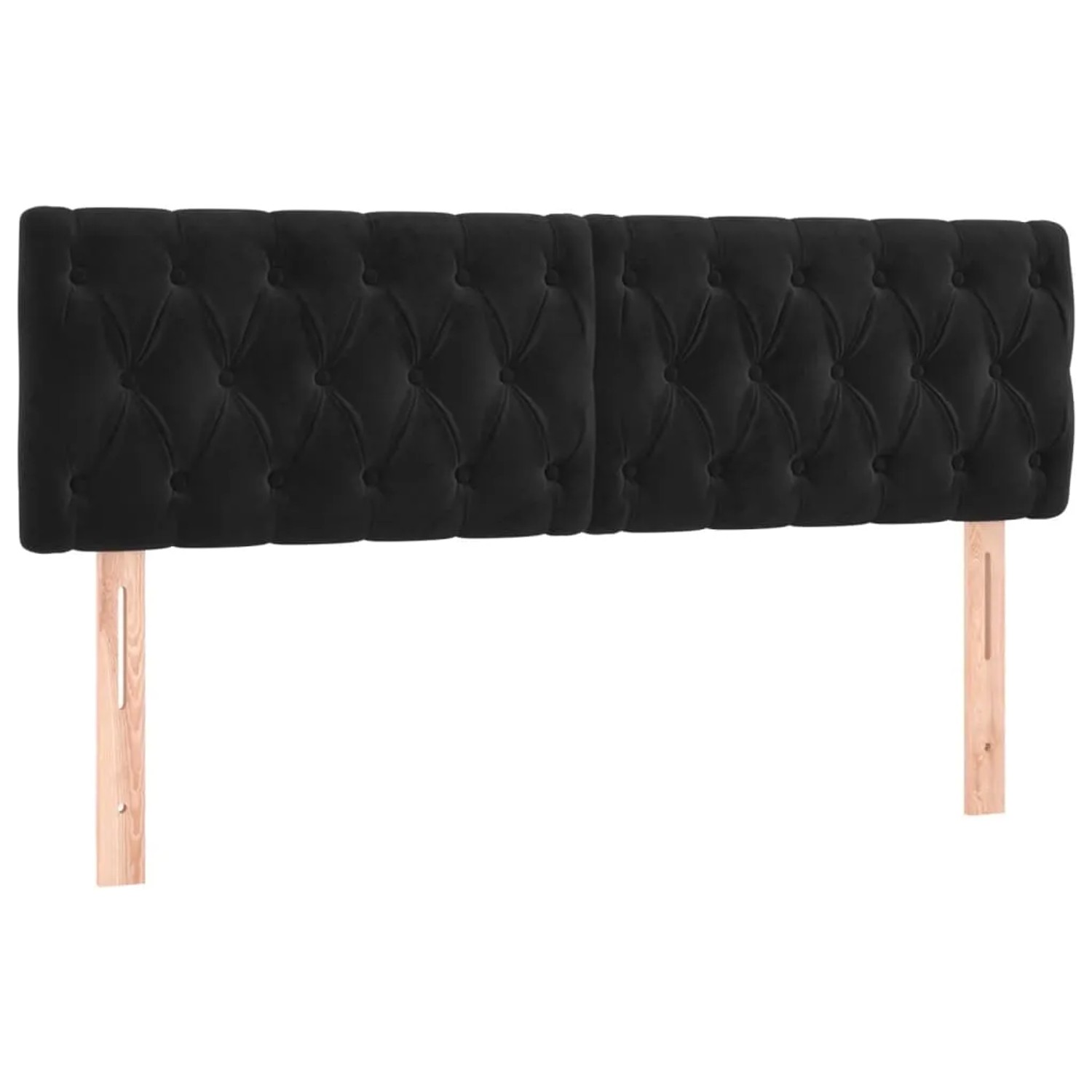 Schwarzes Boxspringbett mit Samtbezug, gestepptem Kopfteil und Holzfüßen, 160x200 cm.