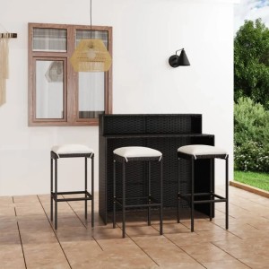 vidaXL Gartenbar-Set, 4-teilig, schwarz, mit Bar und 3 Hockern mit cremefarbenen Kissen.