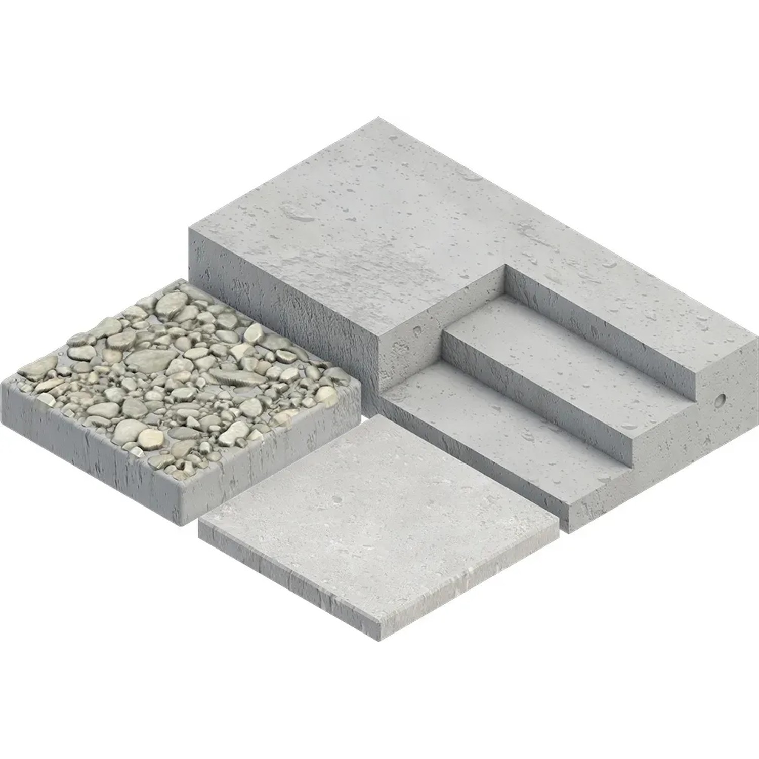 Betonwaren: Trittstufe, Platte mit Kies, Gehwegplatte und Blockstufe in Grau.