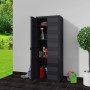 Schwarzer vidaXL Gartenschrank mit 3 Regalen, teilweise geöffnet und befüllt.