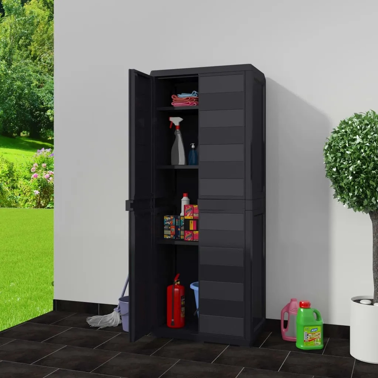 Schwarzer vidaXL Gartenschrank mit 3 Regalen, teilweise geöffnet und befüllt.