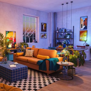 Philips Smart-LED-Leuchtmittel E27: Dynamische Lichtstimmung in modernem Wohnzimmer mit warm- & kaltweißem Licht.