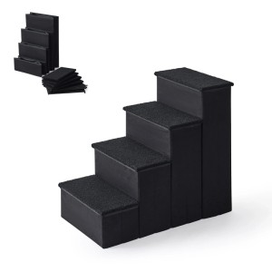 Schwarze faltbare Hundetreppe mit 4 Stufen aus MDF/Polyester. Aufstiegshilfe für Haustiere, gefaltet im Hintergrund.
