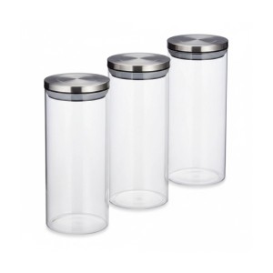 Relaxdays Vorratsglas 3er Set Borosilikatglas Edelstahl Transparent Luftdicht 22 cm x 9,5 cm je 1300 ml