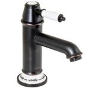 Schwarze PaulGurkes Waschtischarmatur im Retro-Design mit weißer Keramik Bordüre.