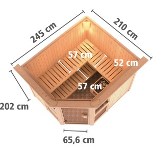 Karibu Sauna Anina 3 mit Ofen, Draufsicht mit Maßen. Massivholzsauna mit Glastür und Liegen.
