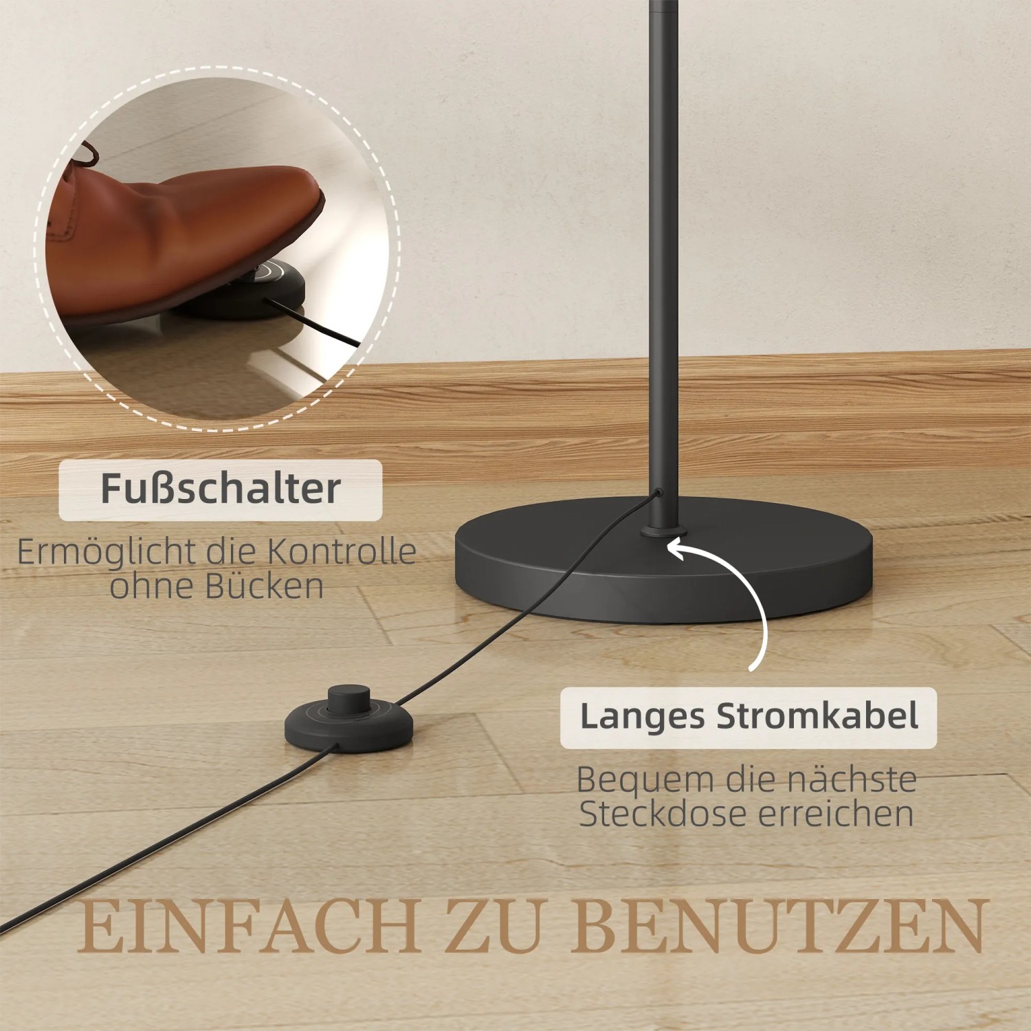 Detailaufnahme: HOMCOM Stehlampe mit Fußschalter und langem Kabel für bequeme Bedienung.