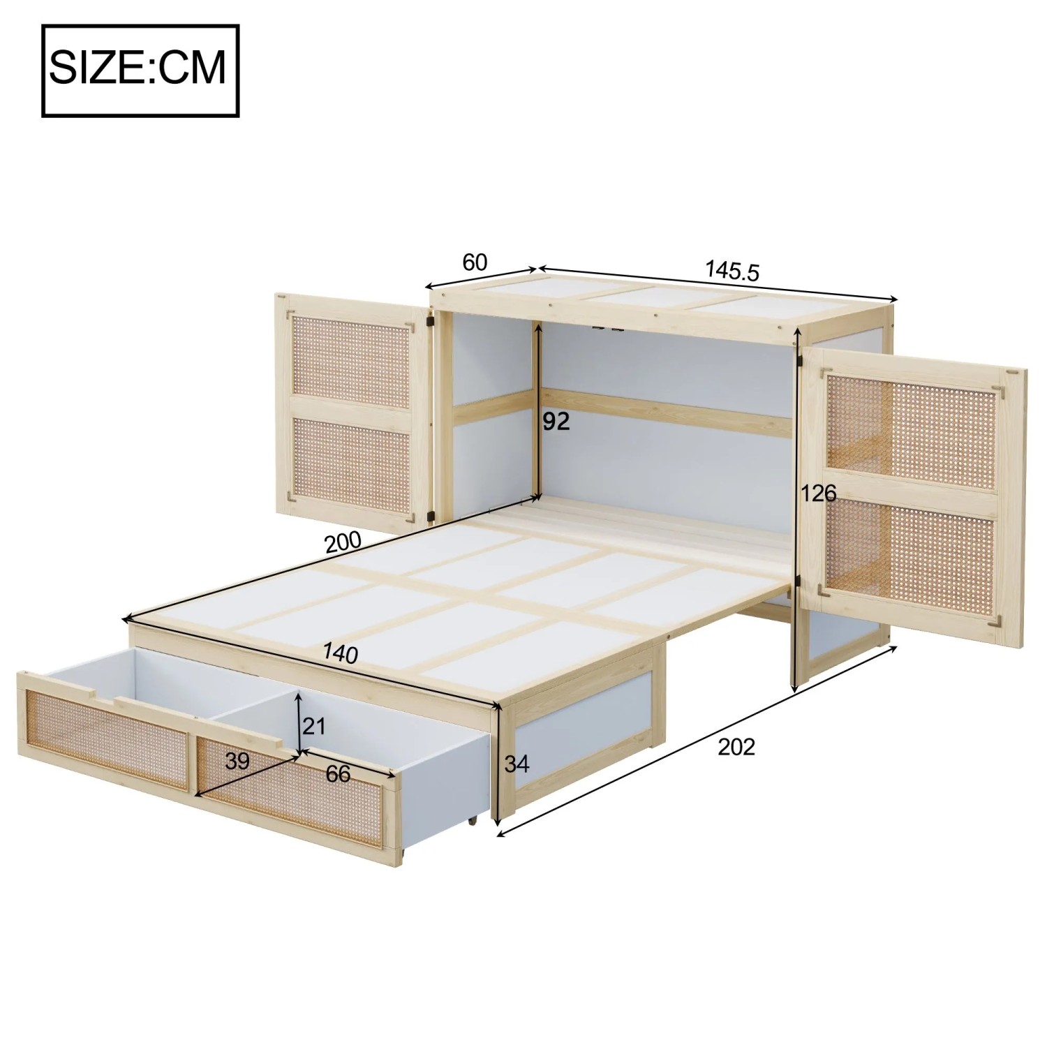 okwish Schrankbett 140x200cm mit Stauraumschubladen Wandbett Jugendzimmer Natur ohne Matratze_5
