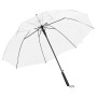 Offener transparenter Regenschirm mit schwarzem Griff und Metallgestell, 100 cm Durchmesser.