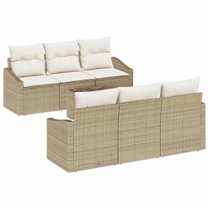 Beiges vidaXL Sofa Set, 7-teilig, aus Poly-Rattan mit Kissen. Lounge-Gartenmöbel für Terrasse und Garten.