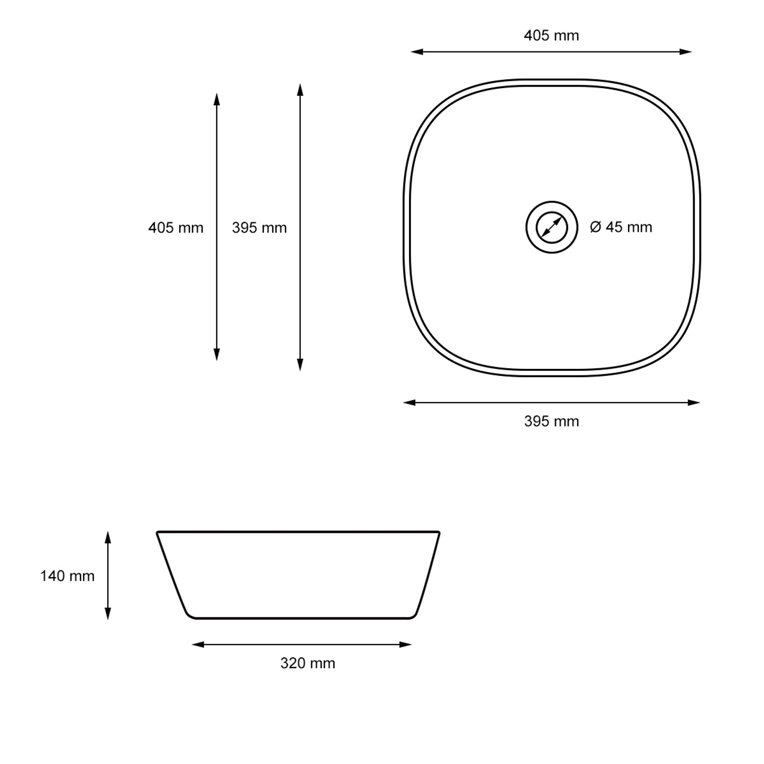 Technische Zeichnung: Weißes ECD Germany Handwaschbecken, 405x405x140 mm, mit Ablaufgarnitur. Maße und Details.