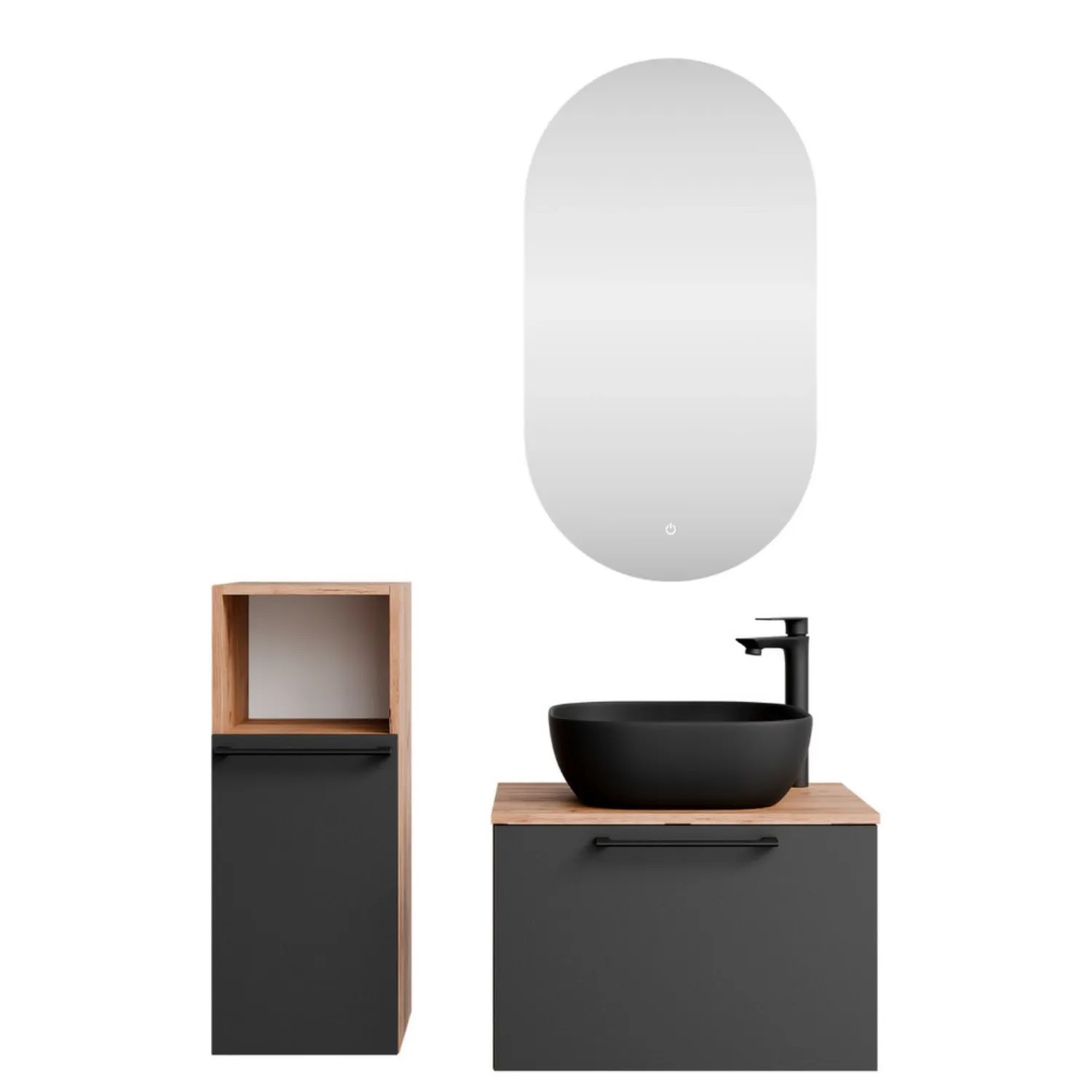 Planetmöbel ASTRA Badmöbel Set 60 cm mit Aufsatzwaschbecken 42,5 cm Schwarz LED Spiegel Midischrank Soft Close