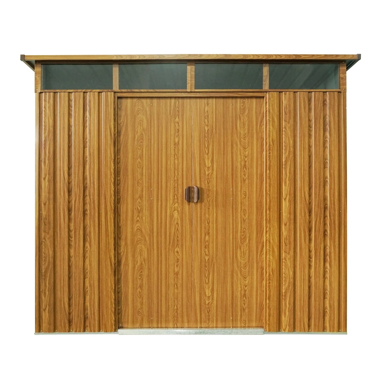 Pergart Gerätehaus Lübeck 88 in Holzoptik mit Schiebetür und Lichtband.
