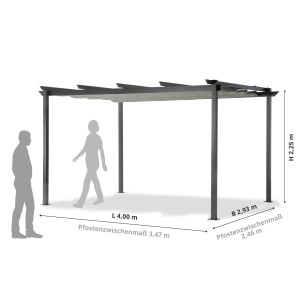 Leco Pergola, 4x3 m, lichtgrau. Pavillon mit Faltdach und Gestell aus Aluminium und Stahlrohr.