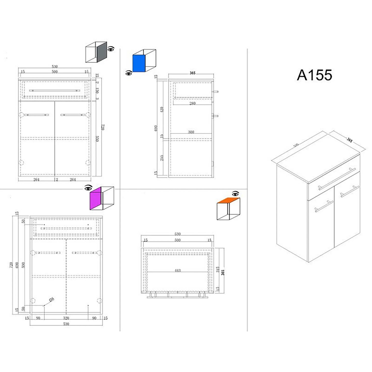 Technische Zeichnung Badmöbel Levana Gr. XL, weiß hochglanz, mit Maßen und Details für den Einbau.