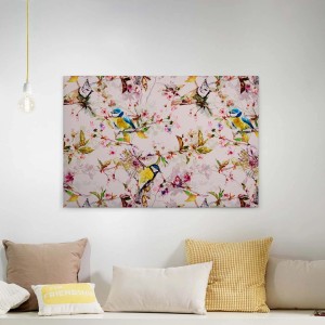 Buntes Wandbild mit Vögeln und Blumen auf Leinwand, geeignet für Wohn- und Schlafzimmer.