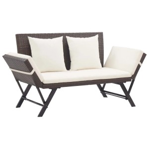 Braune VidaXL Gartenbank aus Rattan mit Auflagen und Kissen, ideal für Garten und Terrasse.