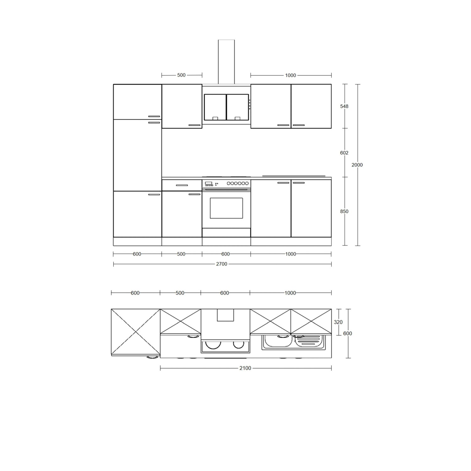 Skizze der Flex-Well Exclusiv Küchenzeile Cara 270 cm in Schilfgrün/Artisan Eiche mit Maßen.