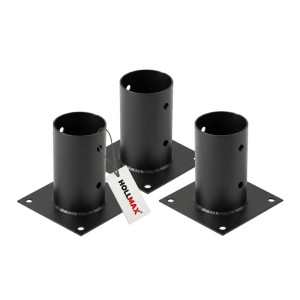 Drei schwarze HOLLMAX Pfostenträger, pulverbeschichteter Stahl, für 80 mm Rundholzpfosten auf festen Untergründen.
