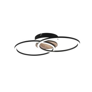 Moderne, schwarze LED-Deckenleuchte mit Holz-Optik, dimmbar und mit Fernbedienung.