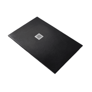 Schwarze Frascio Duschwanne 80x80 cm Vulcano Line mit Abfluss in Steinoptik.