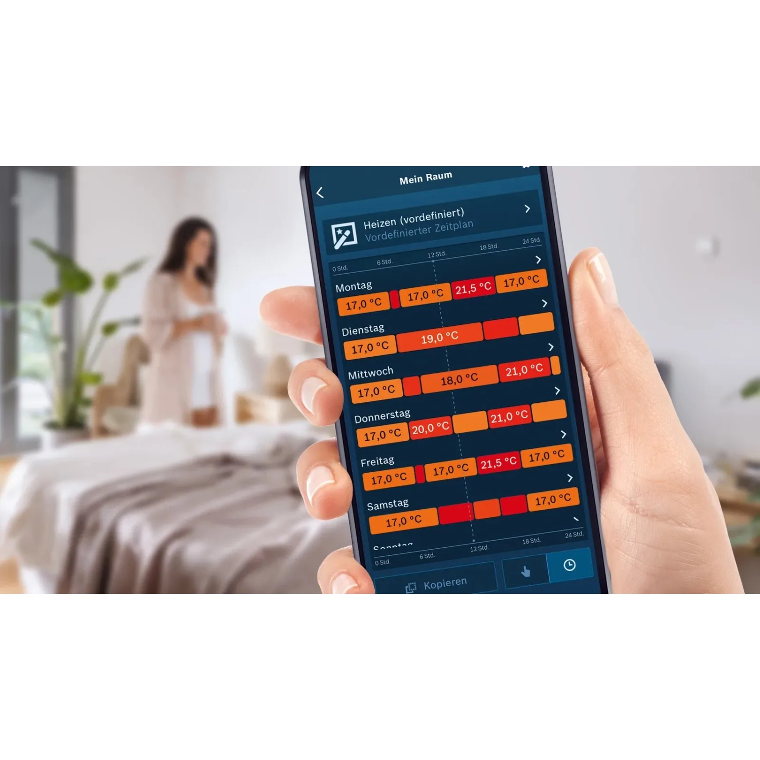 Bosch Smart Home Heizkörper-Thermostat II [+M] App-Ansicht mit Heizplan im Schlafzimmer.