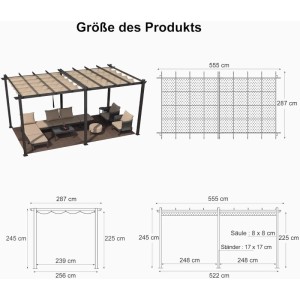 Purple Leaf Pergola 300x555x245 cm Aluminium Pavillon mit Schiebedach. Produktansicht und detaillierte Maße.