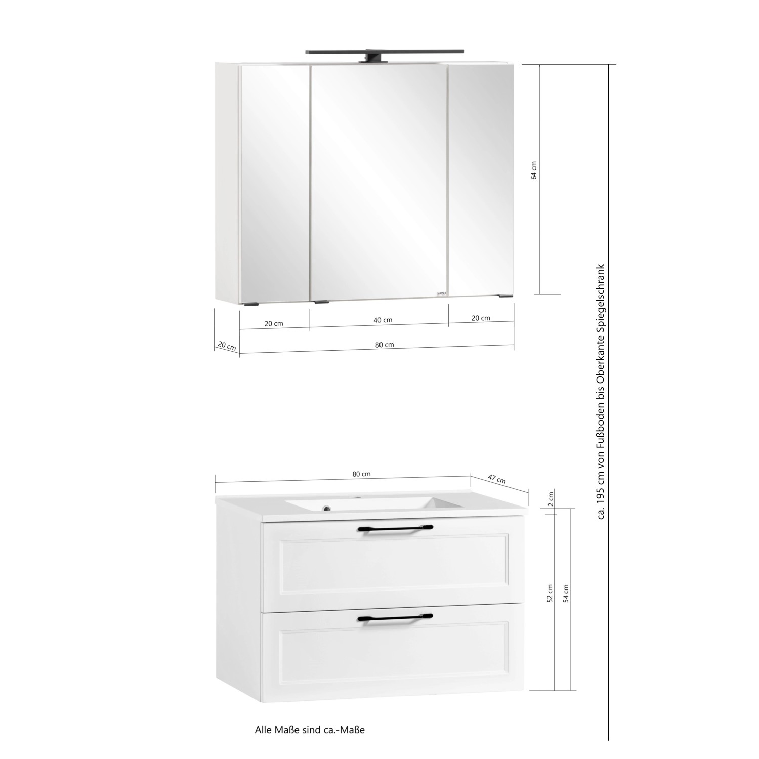 Held Möbel Waschtisch-Set Padua, 80 cm, matt Weiß. Badmöbel-Set mit Spiegelschrank und Mineralgussbecken.