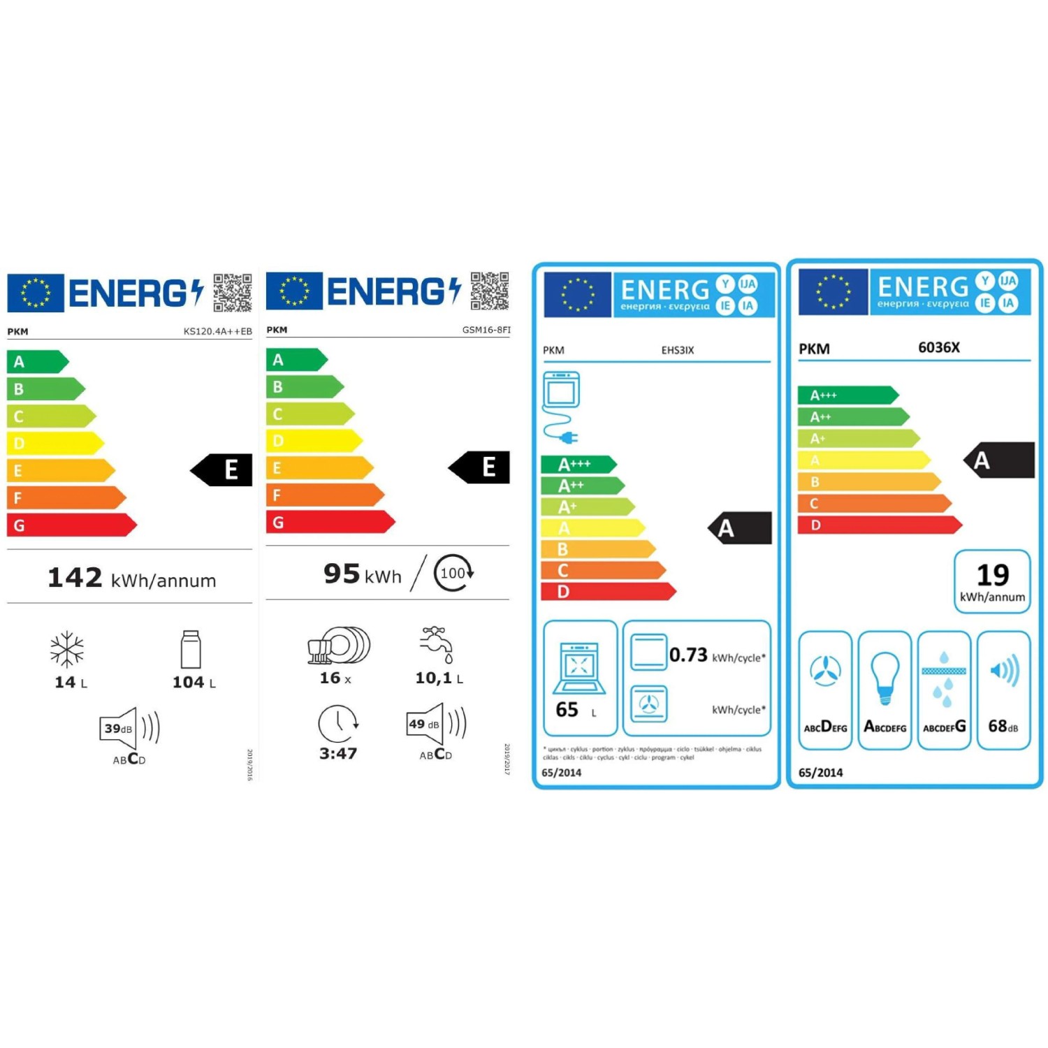 Energieeffizienzlabel für Kühlschrank, Geschirrspüler, Herd und Dunstabzugshaube der Flex-Well Küche.