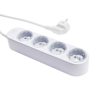 Weiße Shelly Power Strip 4 Gen 4 Steckdosenleiste mit vier Steckdosen und Kabel.