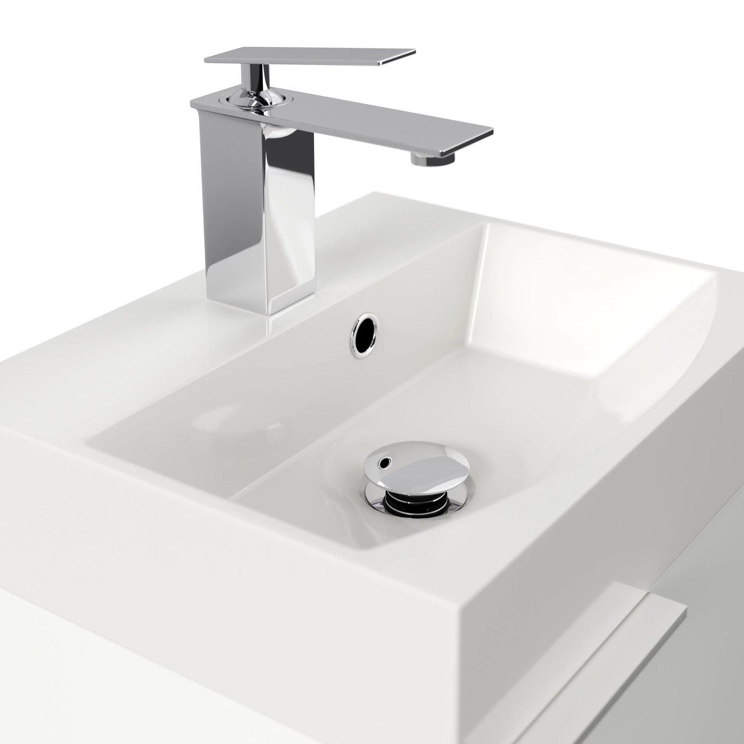 Posseik Cubi Slimline Badmöbel, 40 cm, Weiß Hochglanz, Detailaufnahme Waschbecken mit Armatur.
