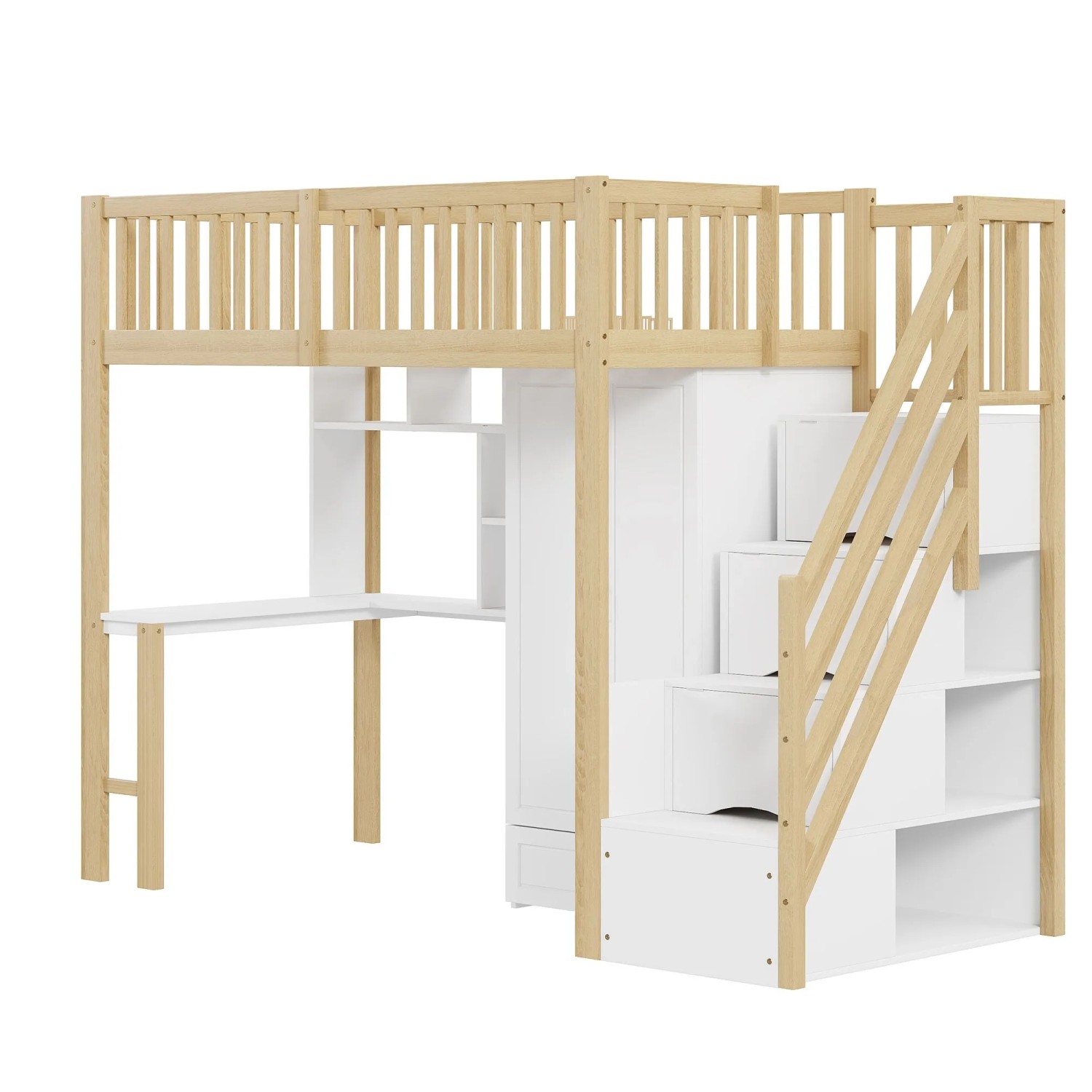 okwish Hochbett 90x200cm mit Kleiderschrank Regal Tisch Kinderzimmer Natur ohne Matratze