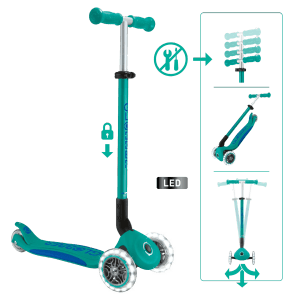 Globber Elite Lights Tretroller Kinder 120/80 mm ABEC 9 3-Rädrig Verstellbar LED-Leuchtrollen Türkis