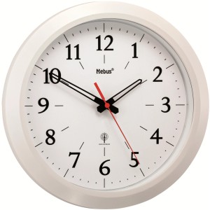 Weiße Funk-Wanduhr mit gut lesbarem Ziffernblatt für Wohnraum oder Büro.