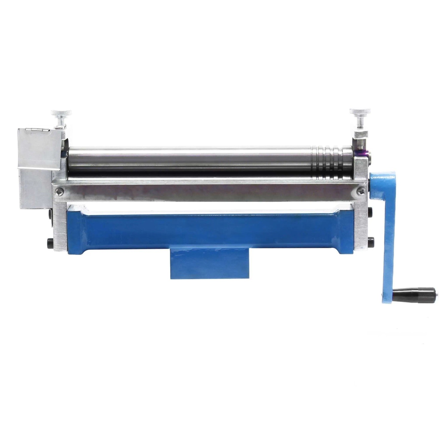 Blaue Wiltec Drei Walzen Rundbiegemaschine mit silbernen Walzen und Kurbel zur Blechbearbeitung.