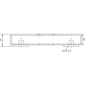 Simausrom Möbelfuß, flach, aus schwarzem Edelstahl, 40x100mm, 15mm hoch. Seitenansicht mit Maßen und Kunststoff-Stopfen.