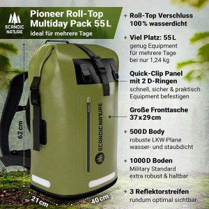 SCANDIC NATURE Rucksack Pioneer 55L Oliv Wasserdicht Roll Top Backpack Outdoor Wanderrucksack Trekkingrucksack Reiserucksack
