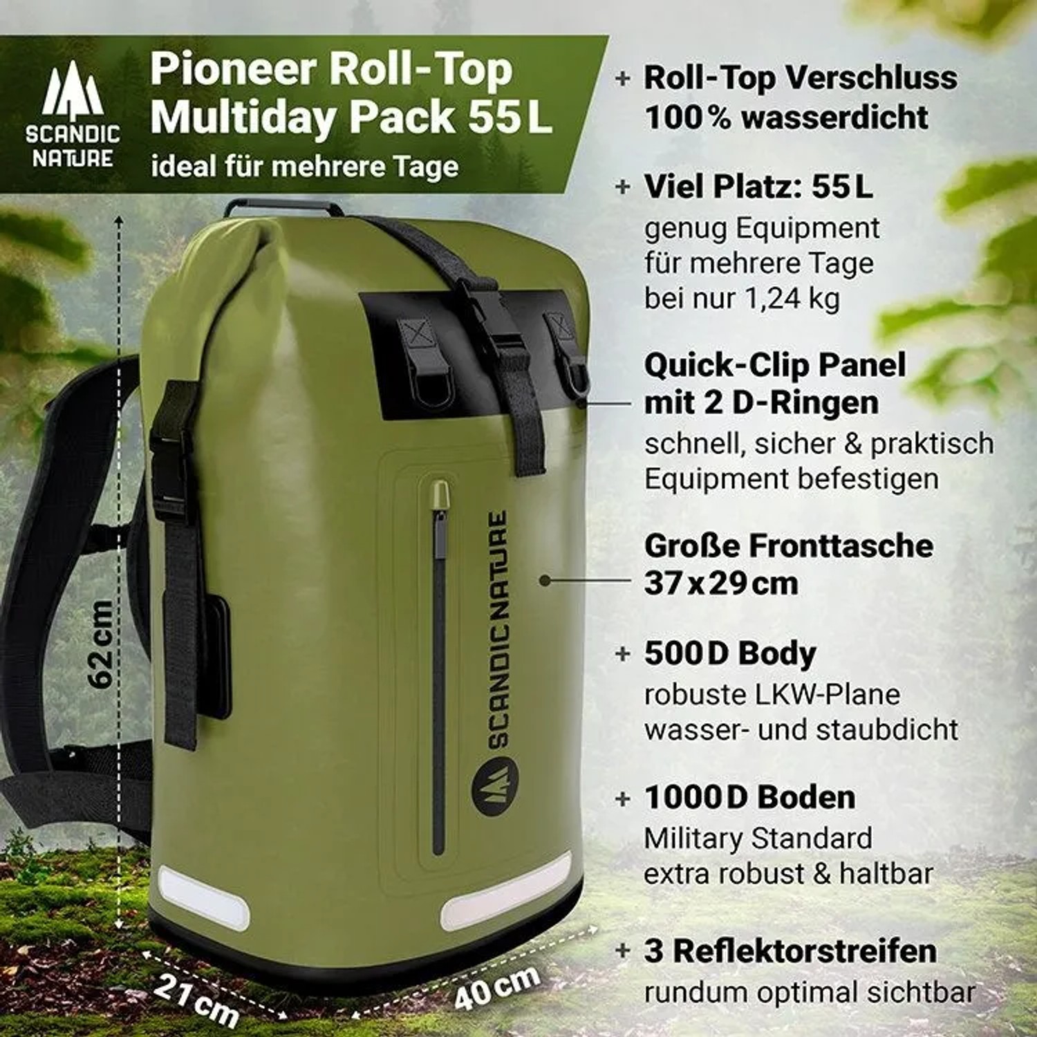 Olivgrüner SCANDIC NATURE Pioneer 55L Roll-Top Rucksack, wasserdicht, mit Reflektoren und Fronttasche für Outdoor & Trekking.