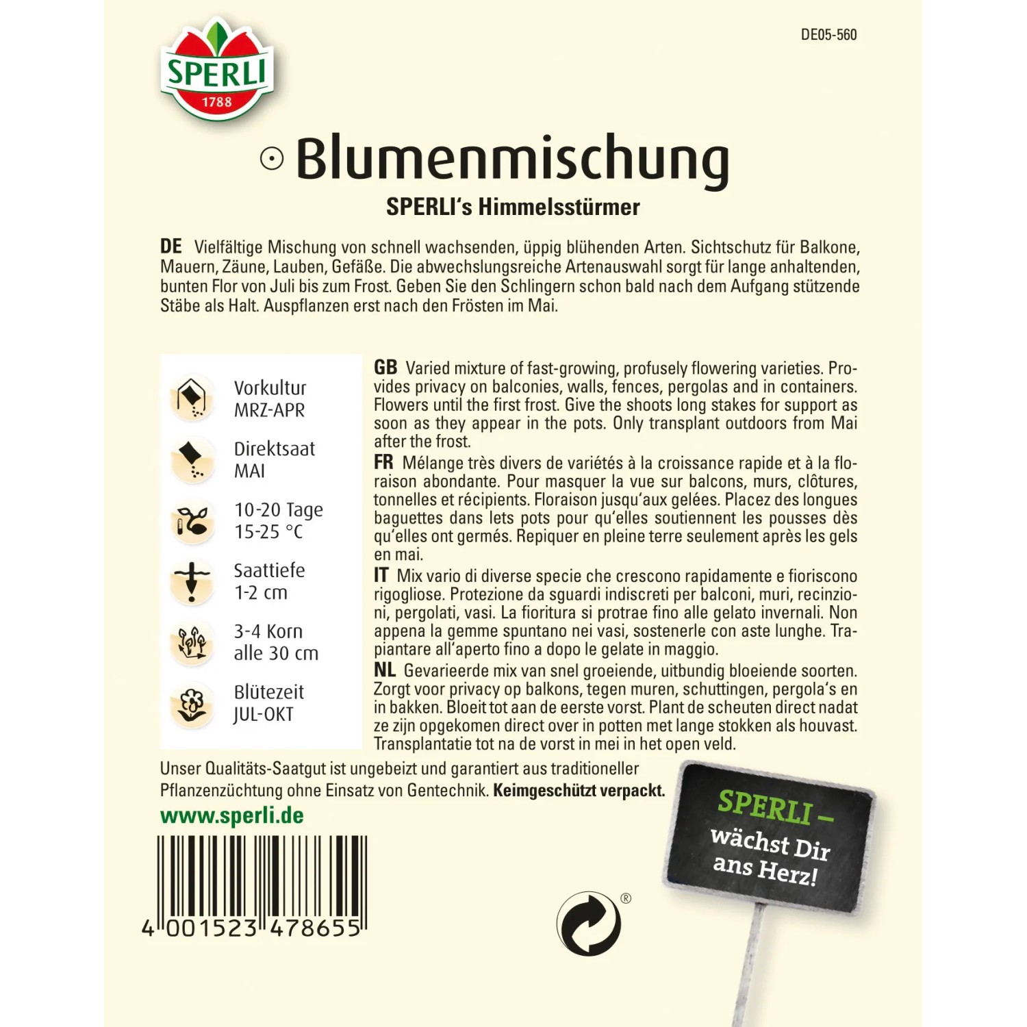 Sperli Blumenmischung Himmelsstürmer, mehrfarbig, für einen blühenden Sichtschutz im Garten.